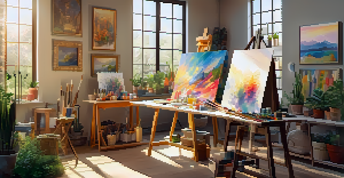 A bright art studio with sunlight, colorful abstract painting, and various art supplies.