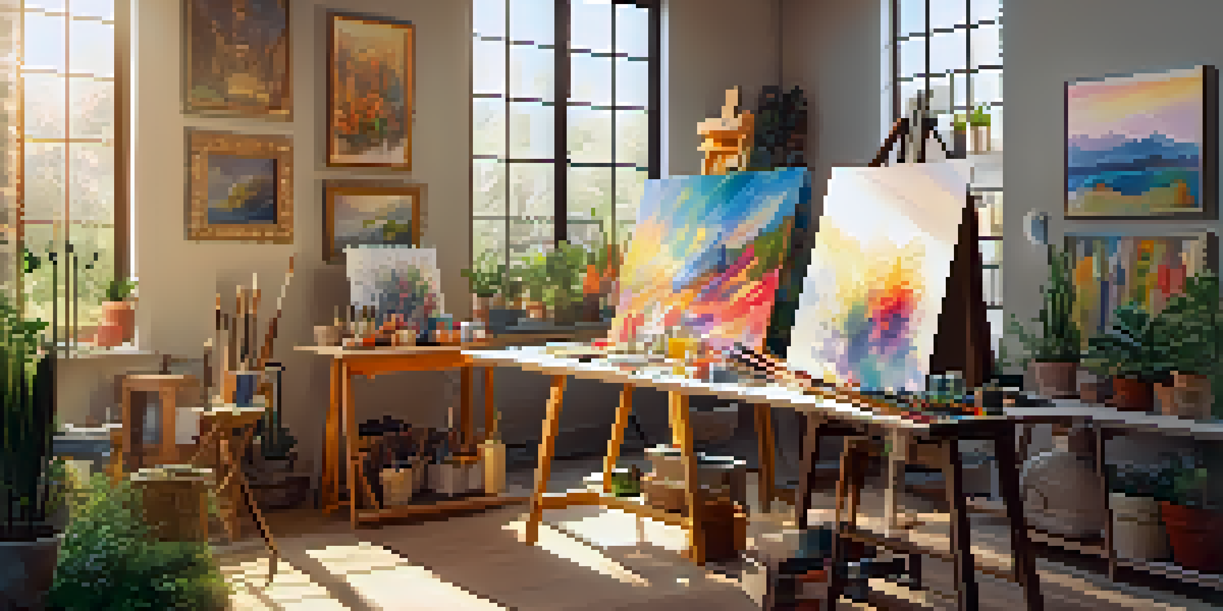 A bright art studio with sunlight, colorful abstract painting, and various art supplies.