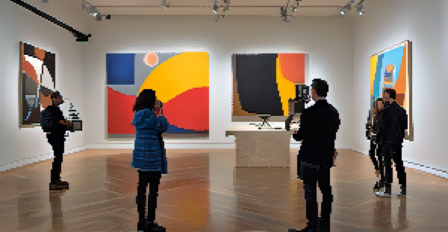 An installation in an art gallery combining abstract art and jazz music, with visitors enjoying the experience.