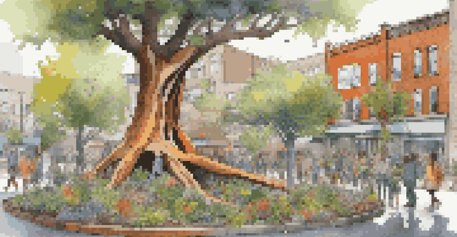 An urban art installation of a stylized tree made from reclaimed materials, surrounded by people planting in a community garden.