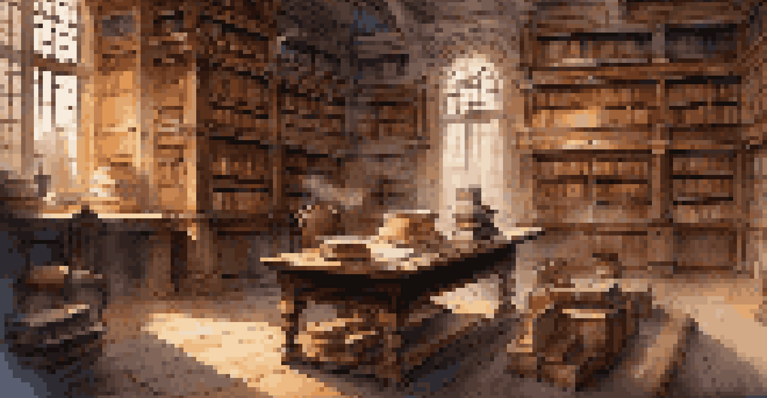An ancient library with tall bookshelves, warm lighting, and a wooden table with open books and a cup of tea.
