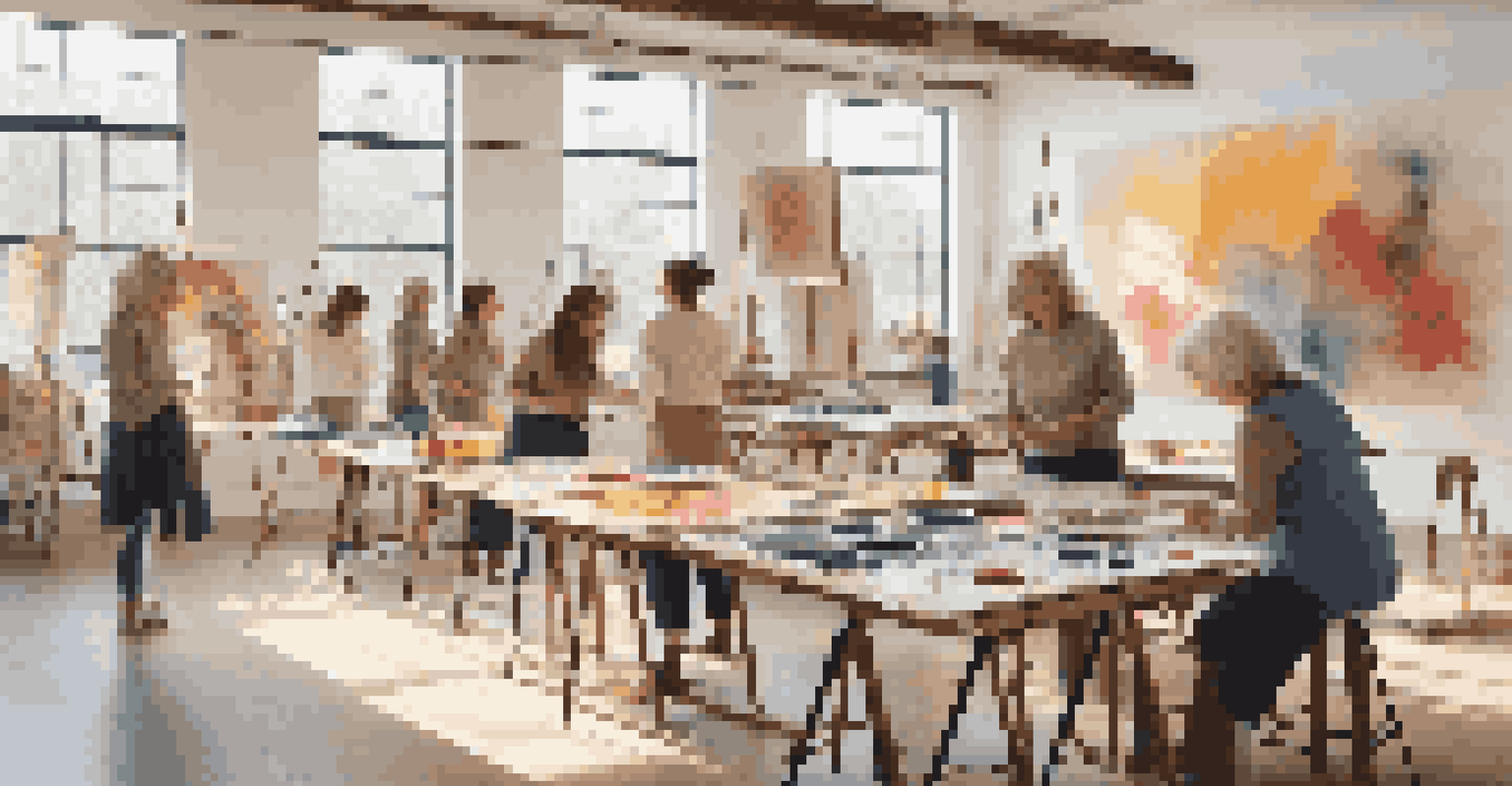 A collaborative art workshop with young and older artists painting together on a large canvas, surrounded by art supplies.