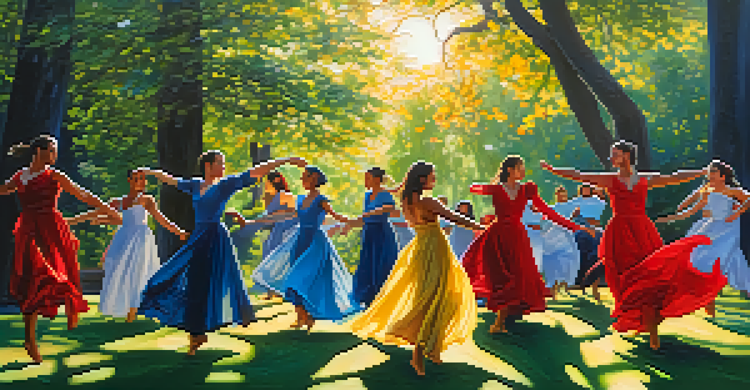 Dancers perform in an outdoor setting, expressing themes of identity and resistance with colorful costumes and dynamic movements.