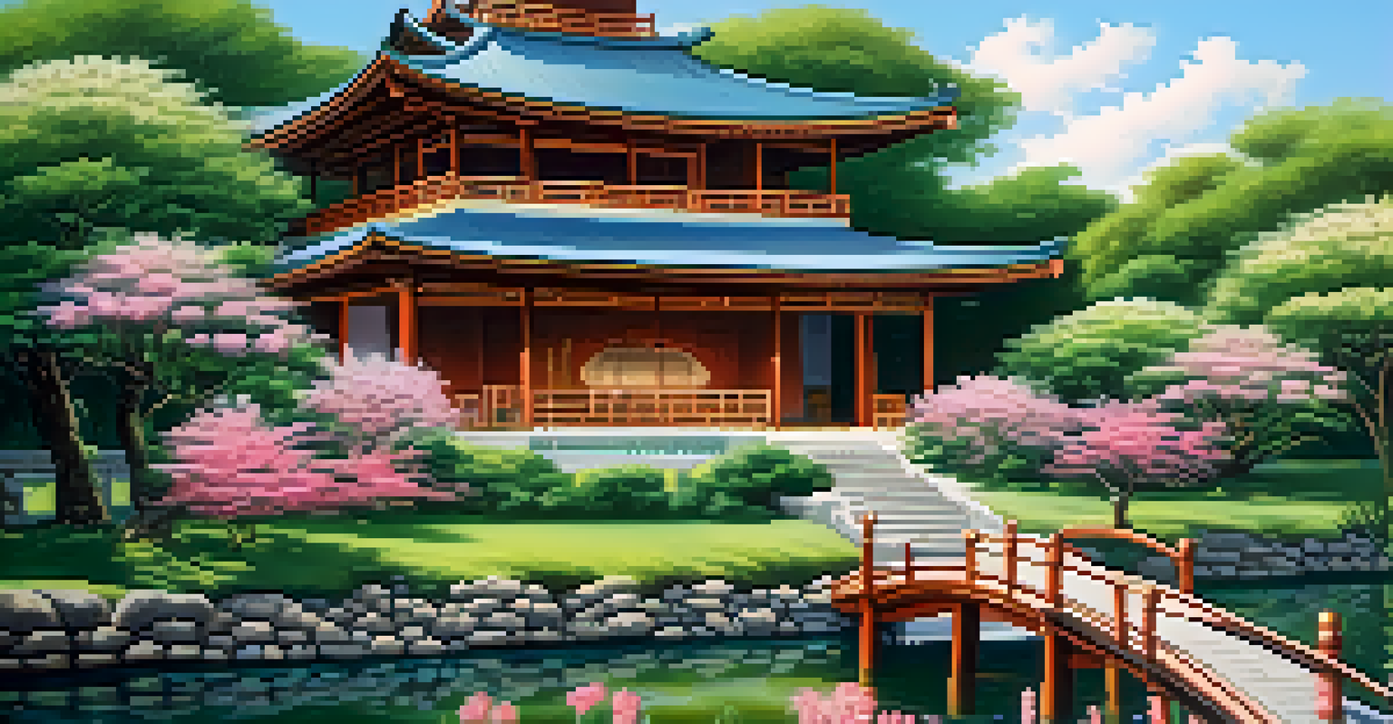 A beautiful landscape with a blend of architectural styles representing different cultures, surrounded by nature.