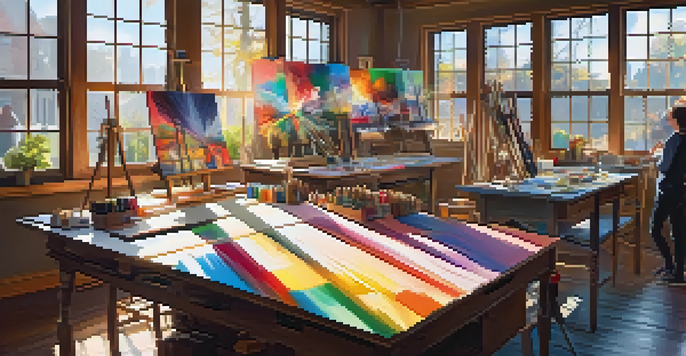 A colorful art studio with various artists working together, illuminated by sunlight through large windows.