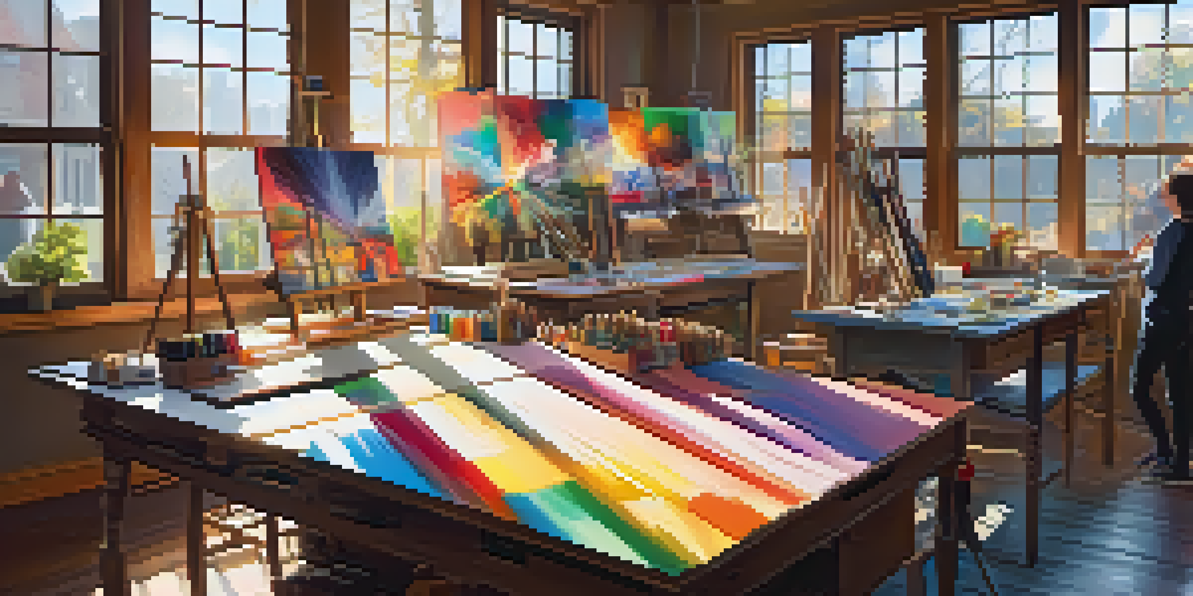 A colorful art studio with various artists working together, illuminated by sunlight through large windows.