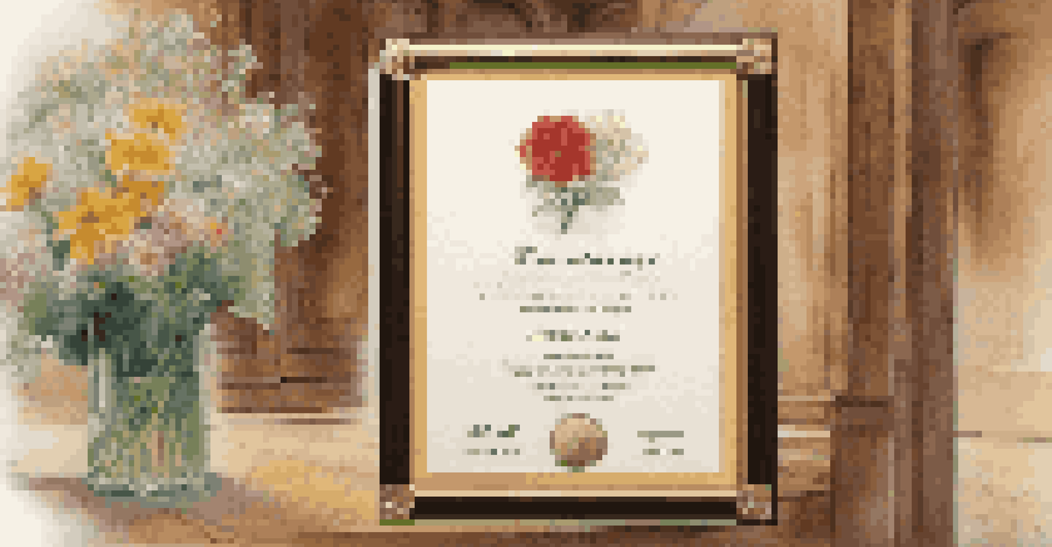 An award plaque for an art prize on a wooden surface, surrounded by decorative elements.