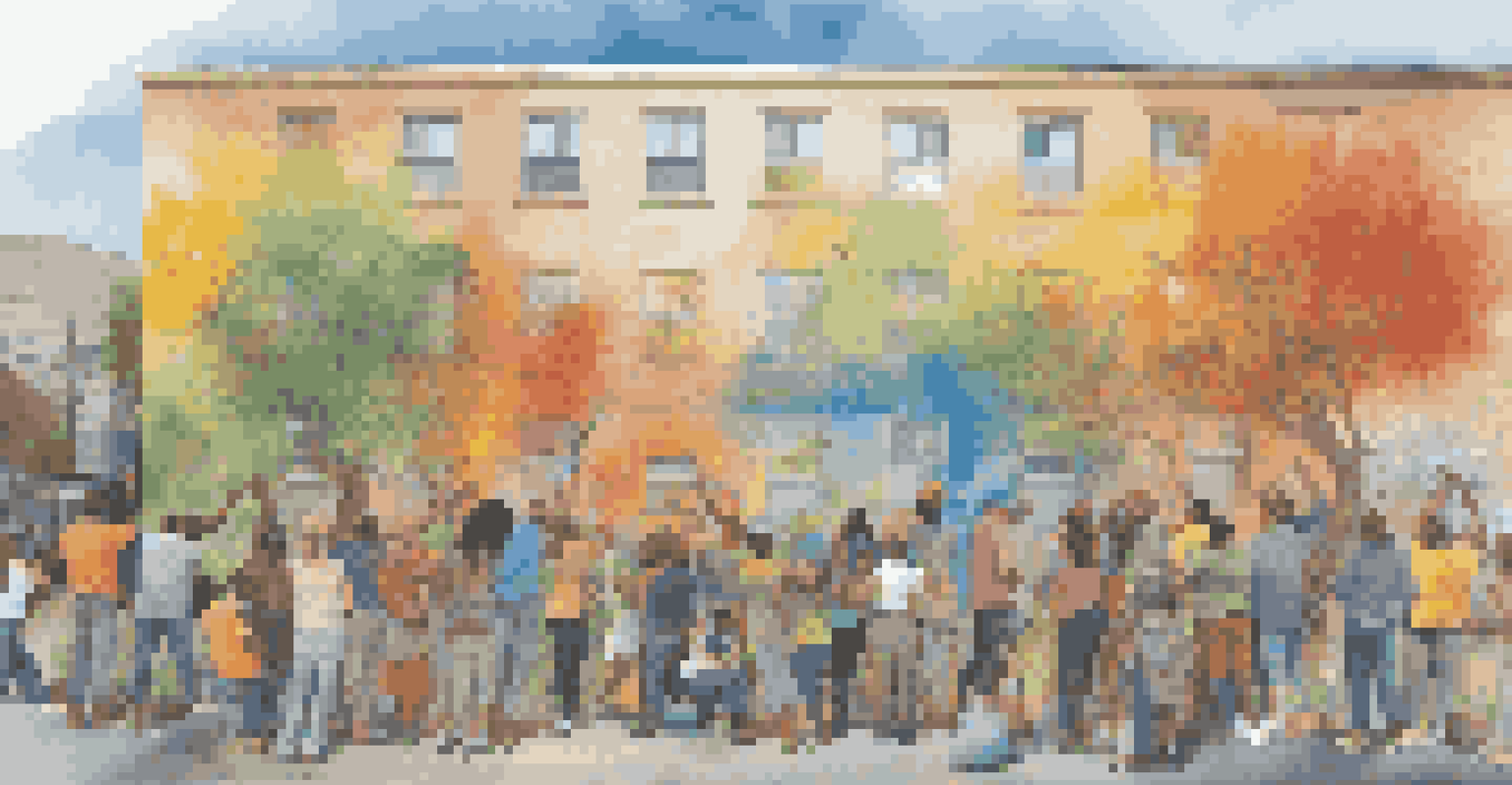 Artists collaborating to paint a vibrant mural symbolizing community resilience and unity.