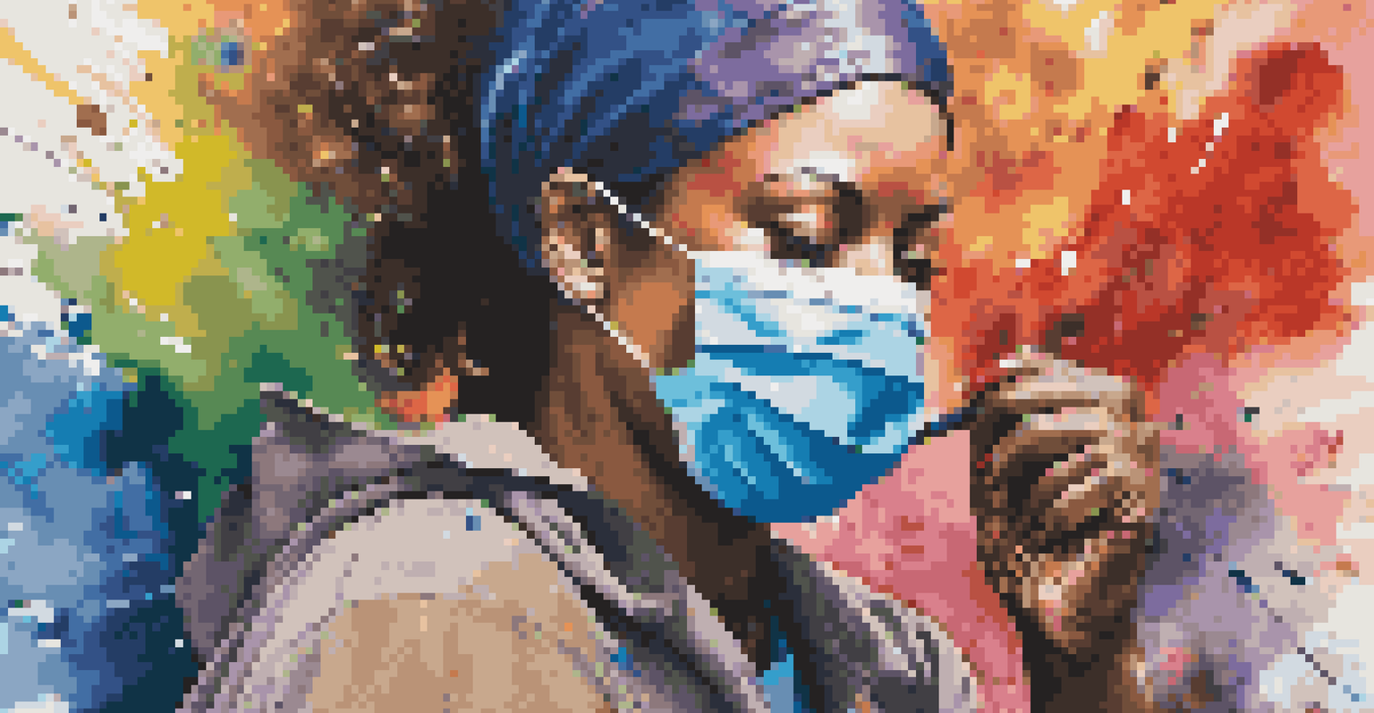 An artist painting a mural of a healthcare worker as a superhero, with vibrant colors and paint cans around them.