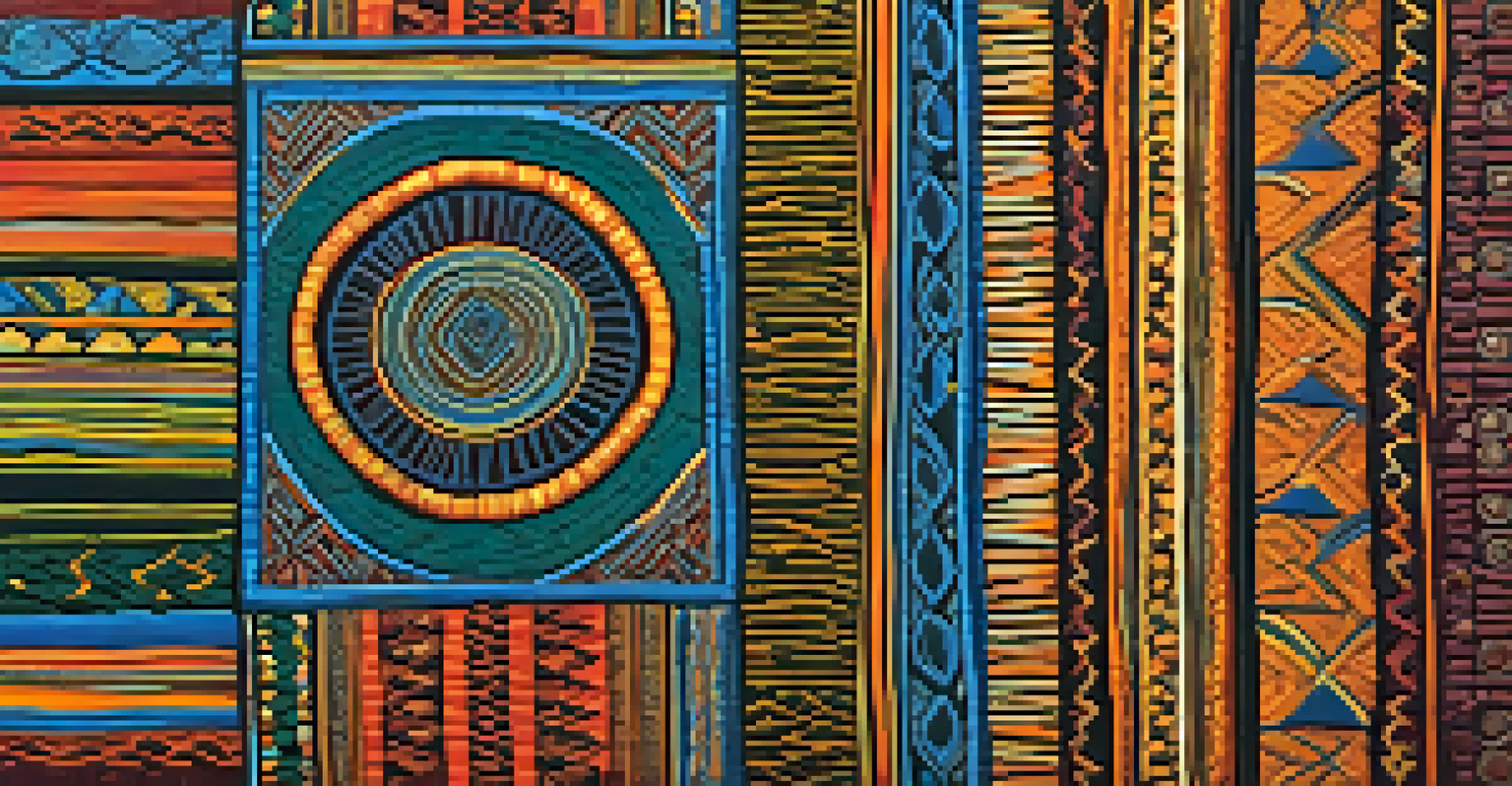 A close-up view of colorful African textile patterns on a table, highlighting the intricate designs and textures.