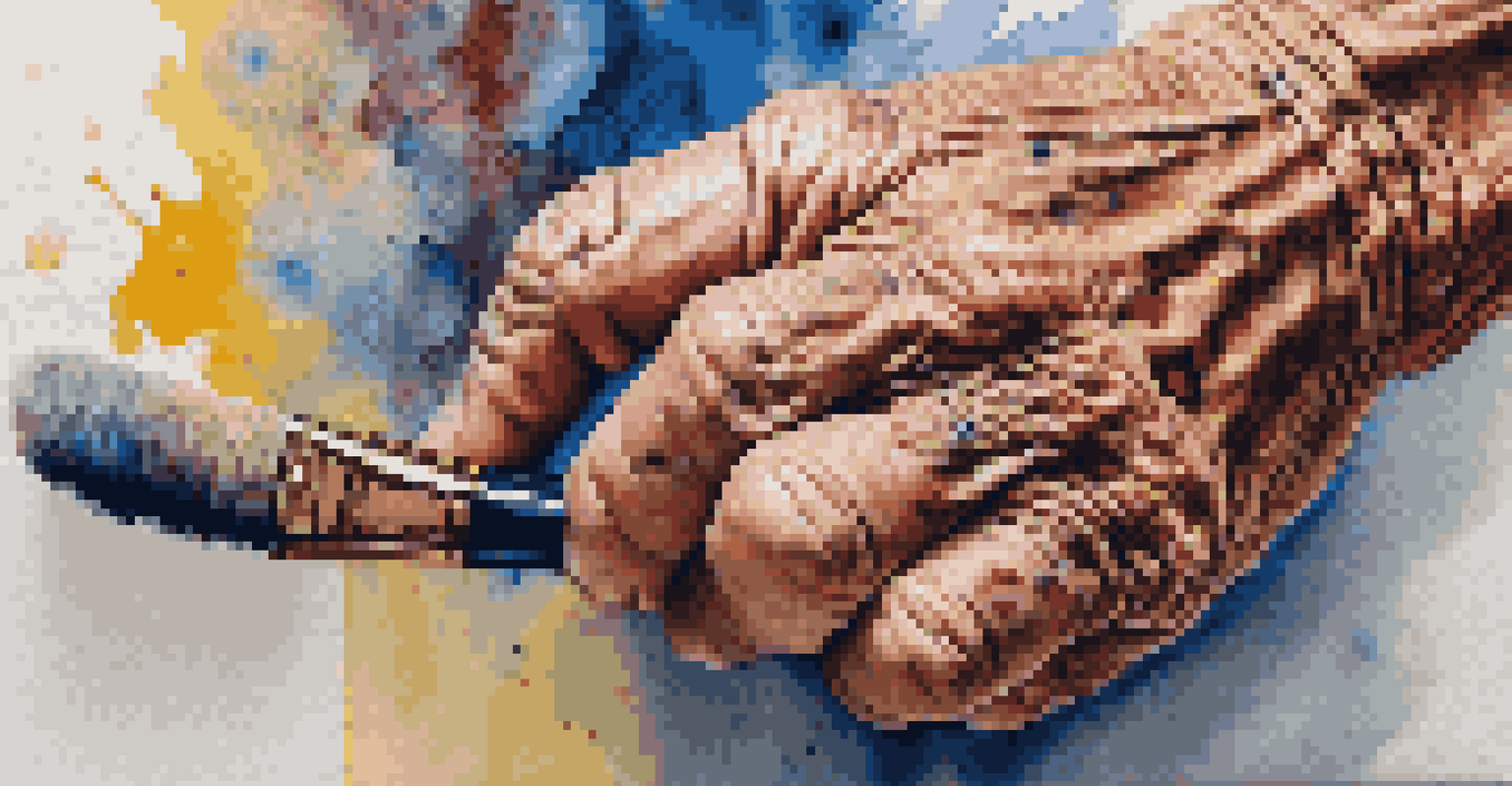 A close-up of an aged hand holding a paintbrush over a vibrant canvas representing resilience.
