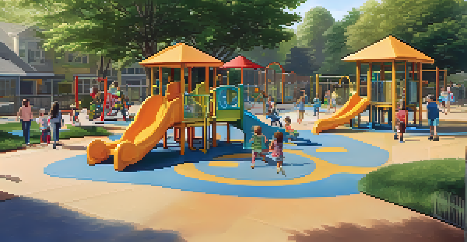 An inclusive playground with colorful structures and sensory-friendly areas, filled with families enjoying the space and surrounded by lush greenery.