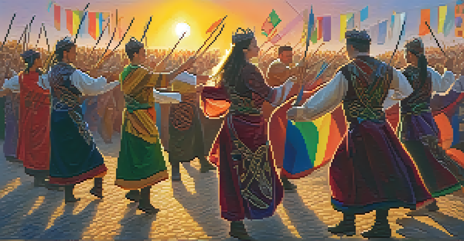 Participants in traditional Celtic clothing performing a dance during a ritual, with colorful banners and a sunset in the background.
