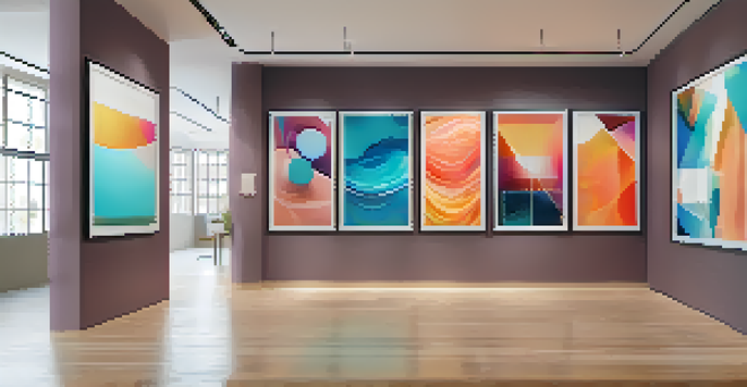 A modern digital art gallery with colorful NFT artworks displayed on screens.