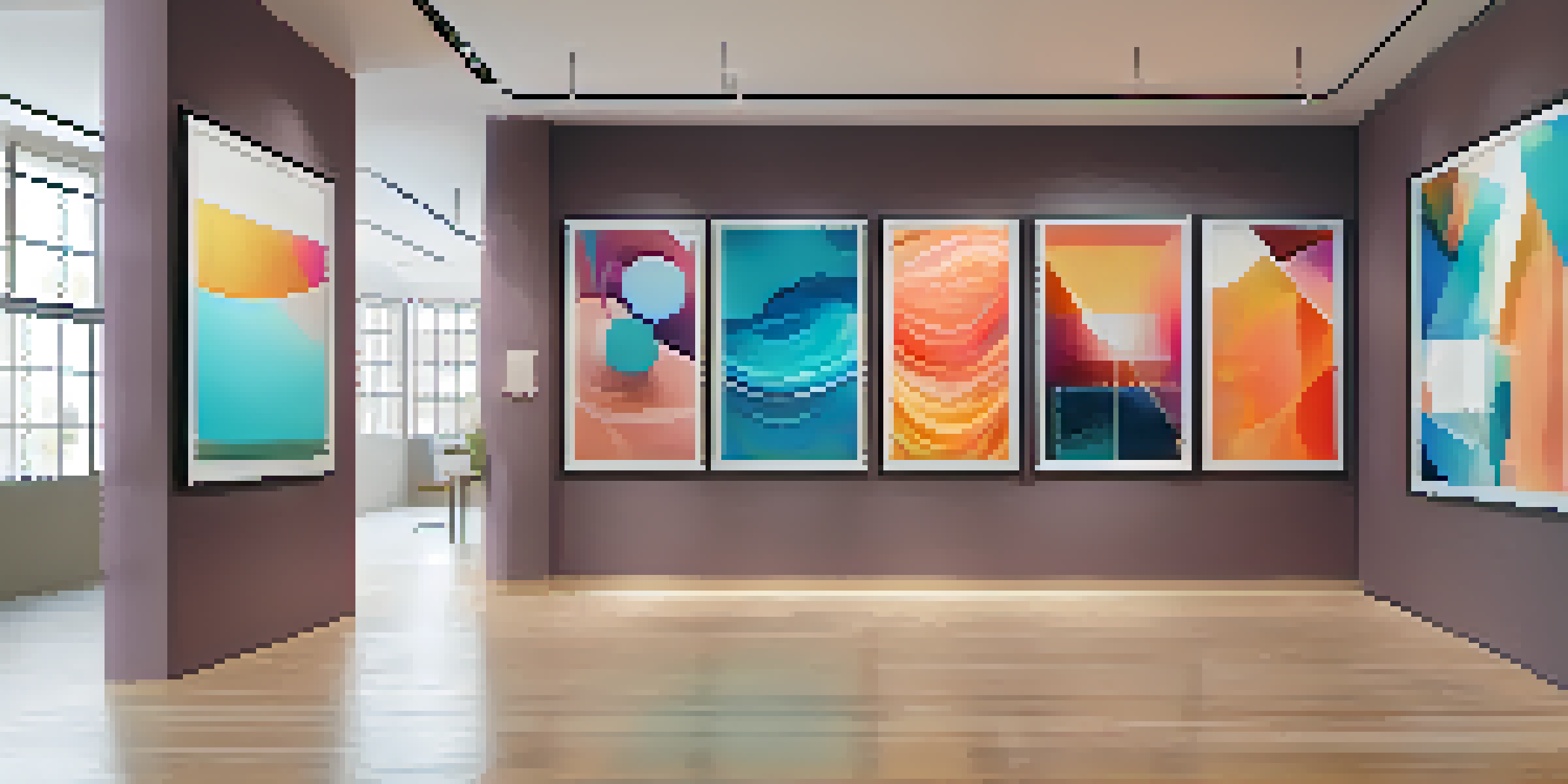 A modern digital art gallery with colorful NFT artworks displayed on screens.
