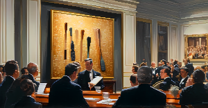 A close-up of an auction paddle held in a stylish auction room with artworks in the background.