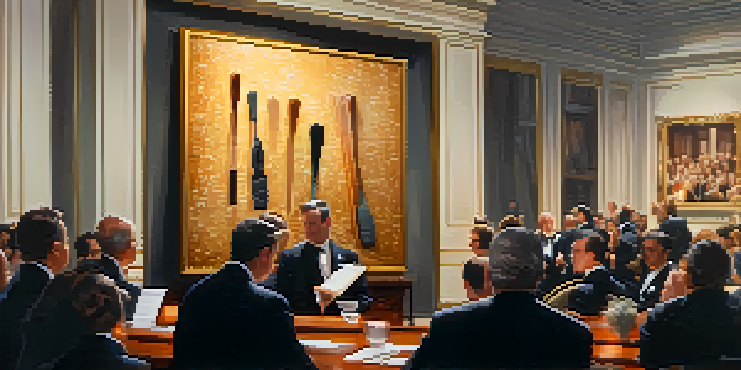 A close-up of an auction paddle held in a stylish auction room with artworks in the background.