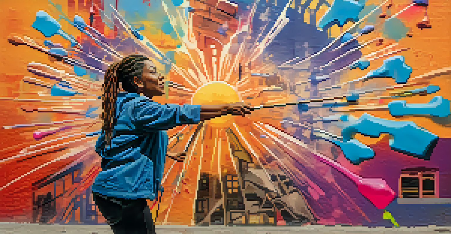 An artist painting a social justice message on a wall, surrounded by vibrant colors and graffiti art.