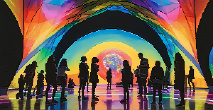 A reflective dome art installation with colorful lights and visitors interacting, creating shadows on the ground.