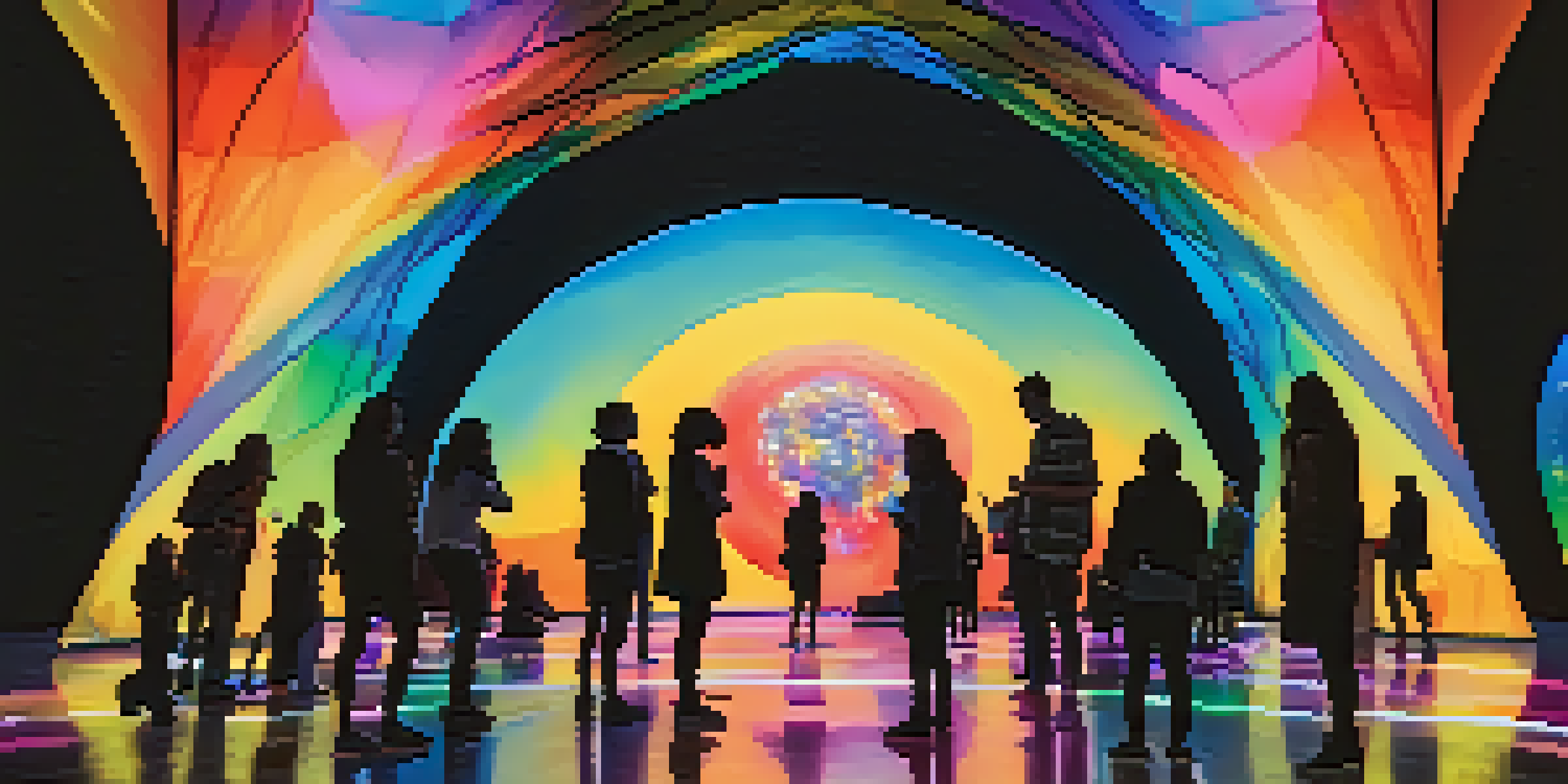 A reflective dome art installation with colorful lights and visitors interacting, creating shadows on the ground.