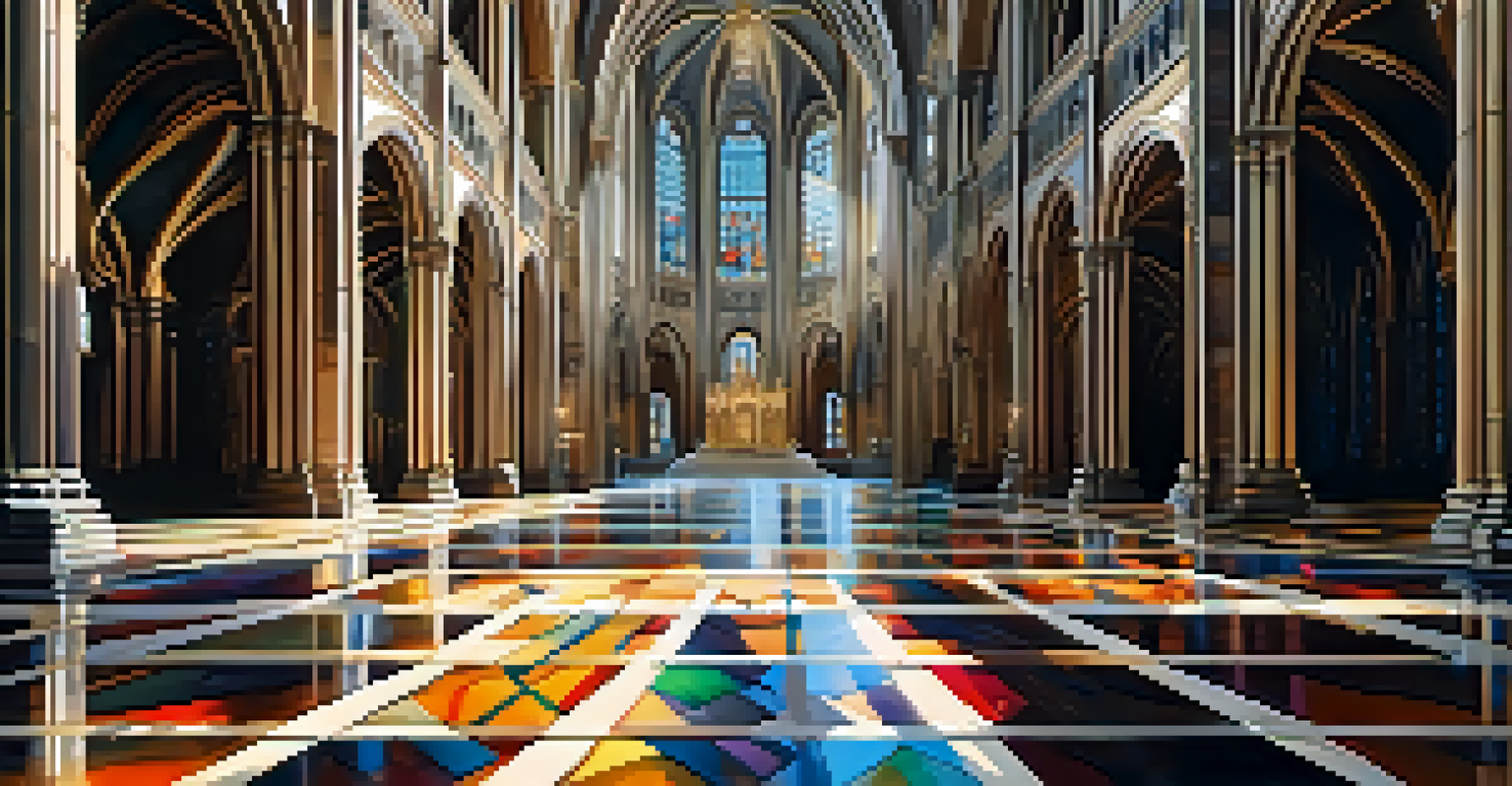 The interior of a grand Baroque cathedral with dramatic lighting highlighting its intricate architectural details and colorful stained glass windows.