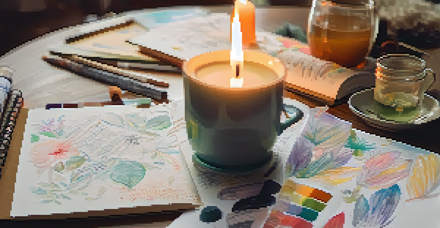 An art journal open with sketches and notes, surrounded by art supplies and a cup of tea, in a cozy setting.