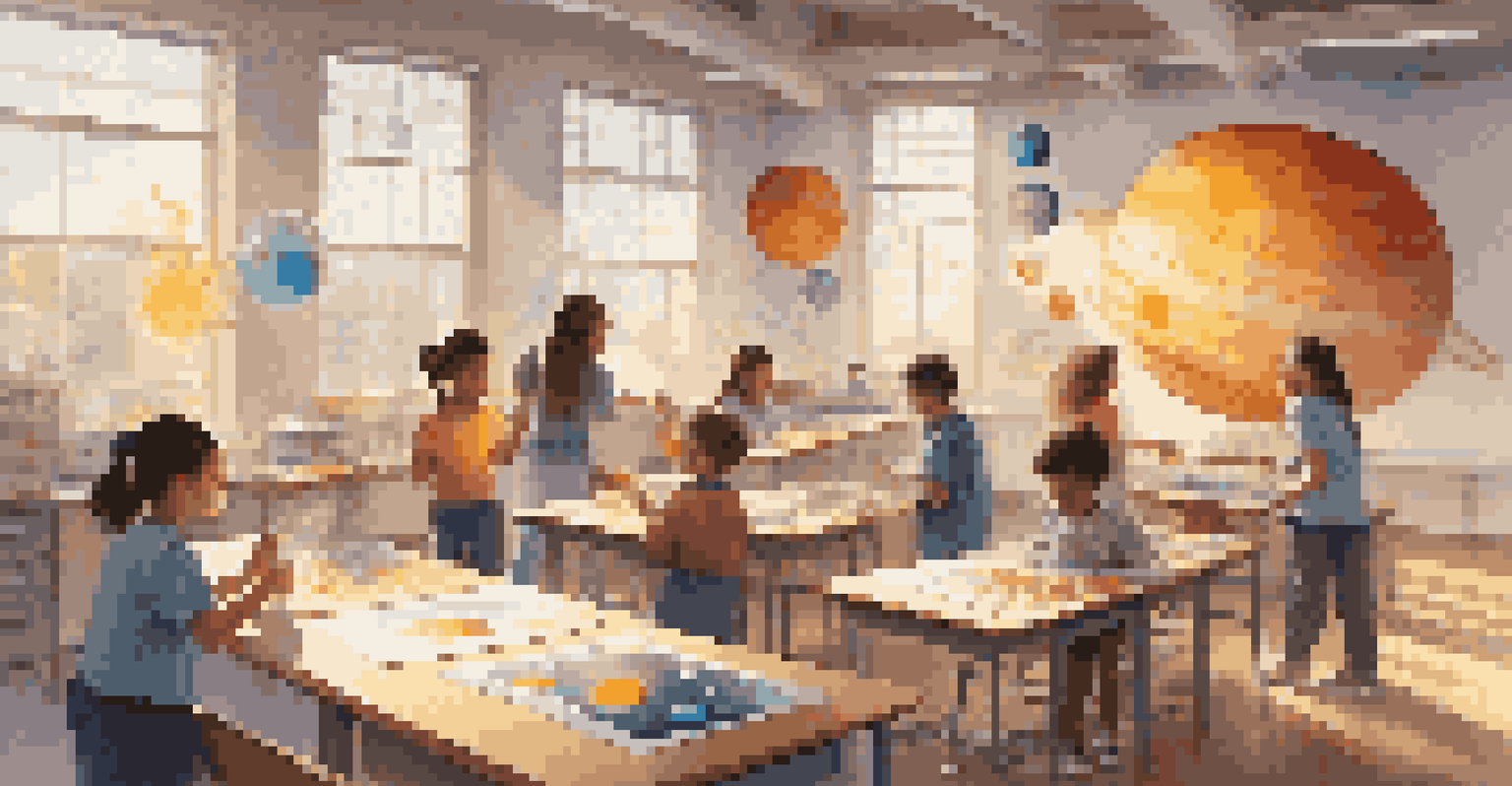 Students in a colorful classroom painting a solar system mural, integrating art into science education with a teacher guiding them.