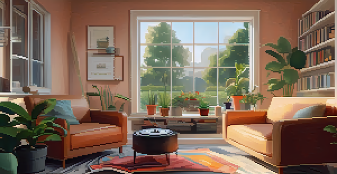 A cozy listening space with an armchair, record player, colorful records, potted plants, and a cup of tea, bathed in soft sunlight.