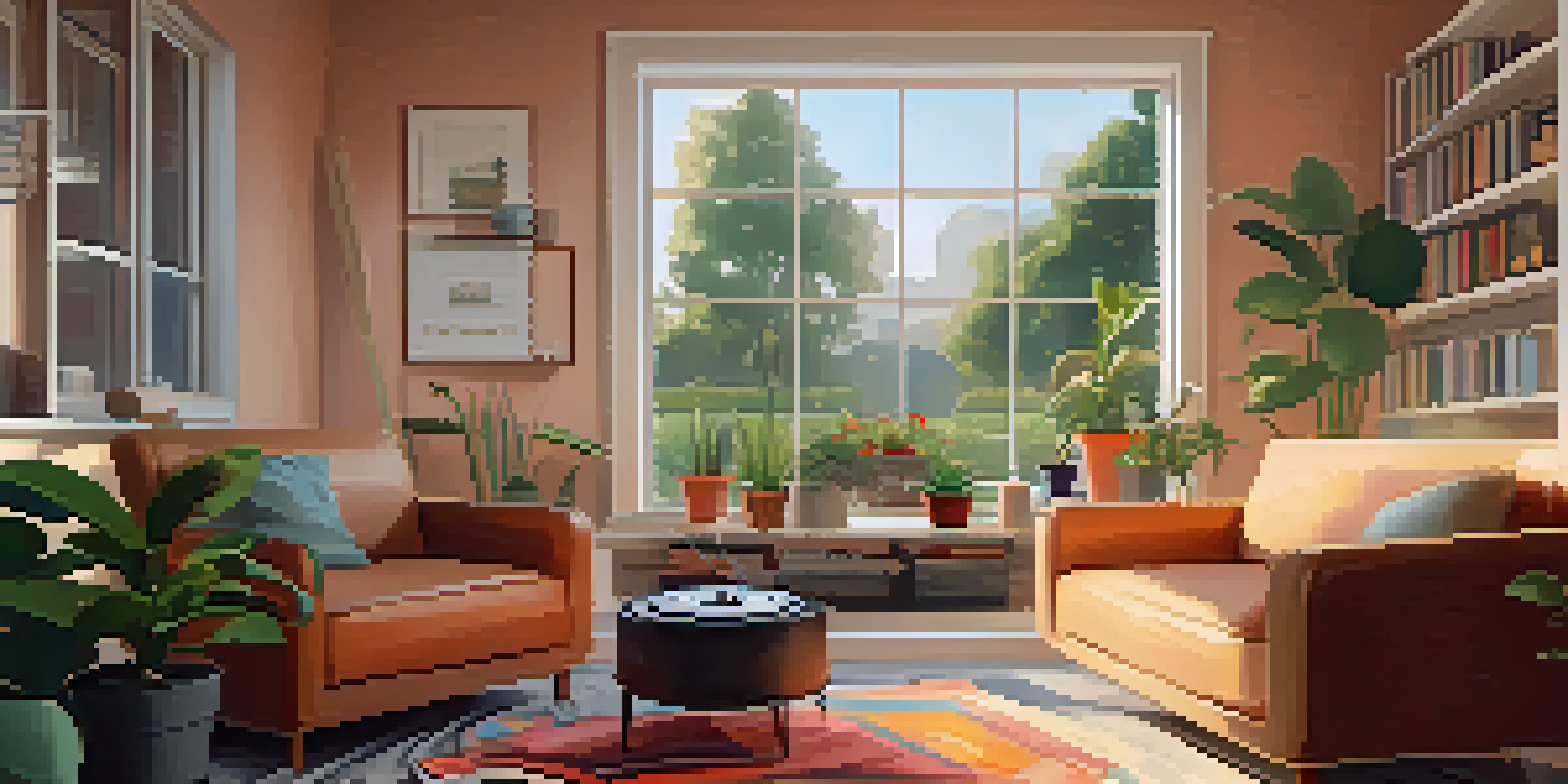 A cozy listening space with an armchair, record player, colorful records, potted plants, and a cup of tea, bathed in soft sunlight.