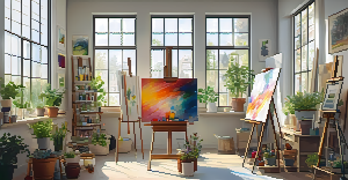 A bright and inviting art studio with an easel, colorful paints, and sketches, illuminated by soft sunlight.