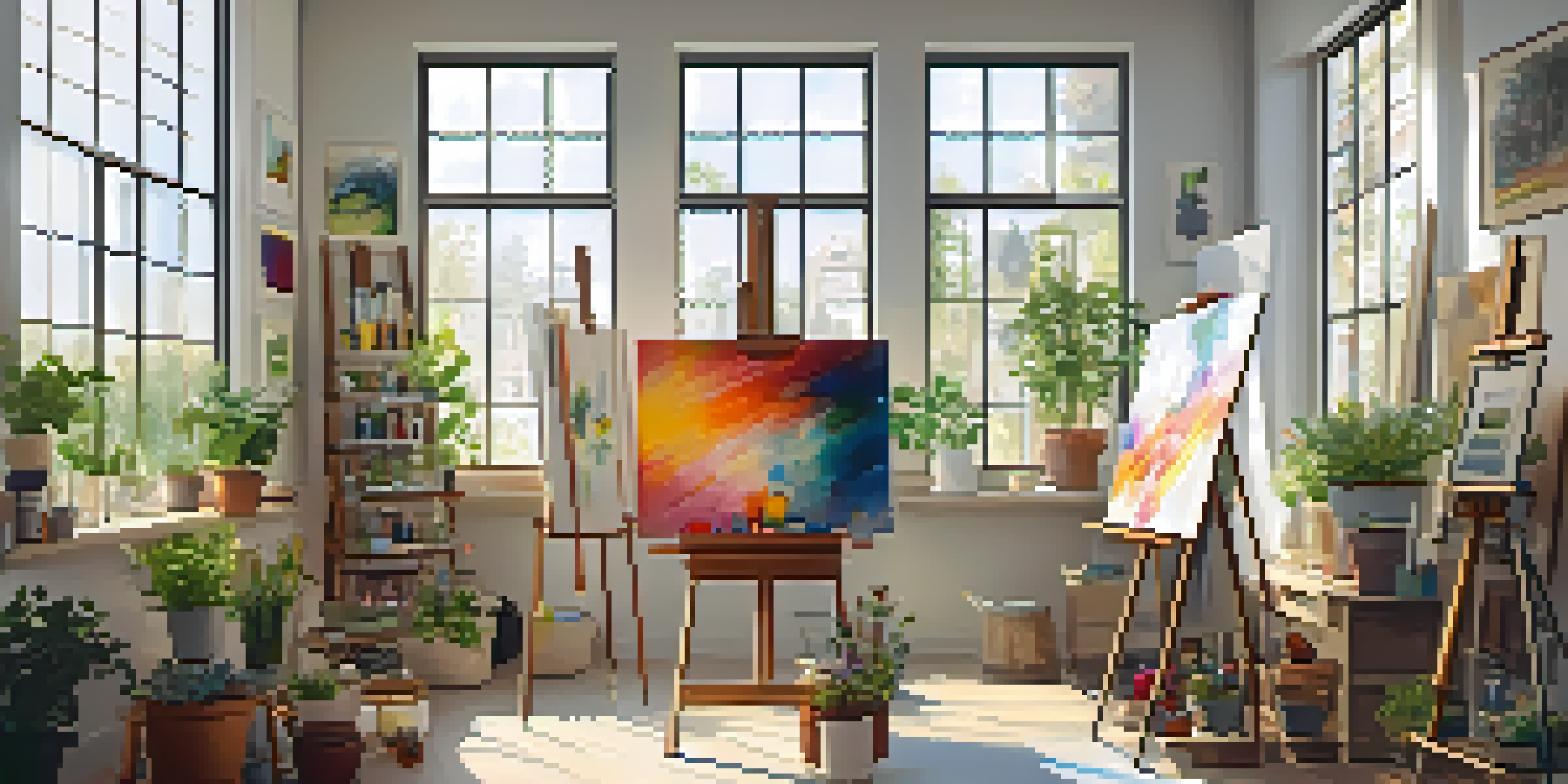 A bright and inviting art studio with an easel, colorful paints, and sketches, illuminated by soft sunlight.