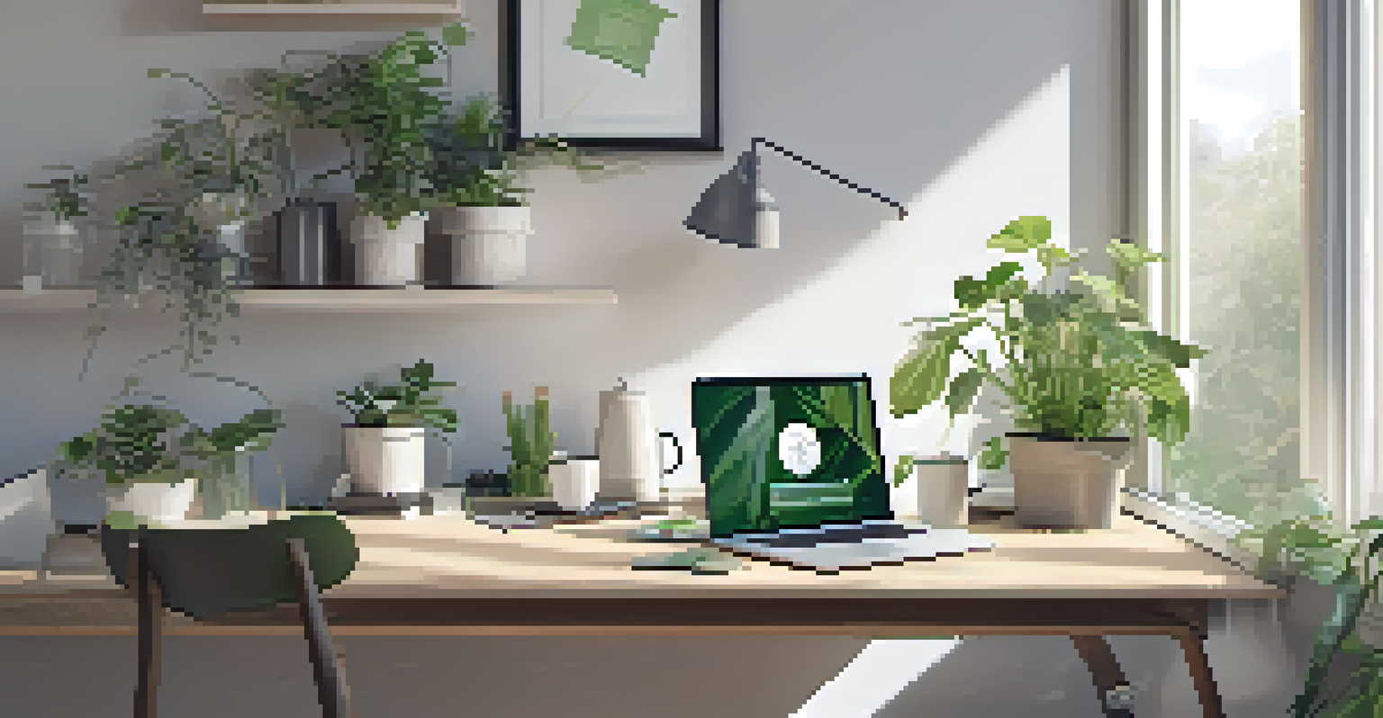 A modern workspace with a sleek laptop, green plants, and natural light streaming in from a large window.