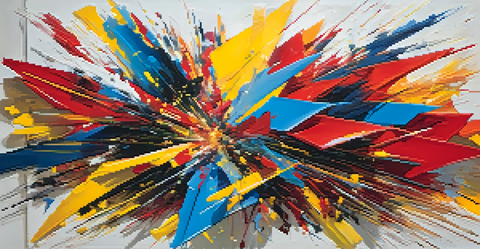 A vibrant abstract artwork with bold colors and jagged lines, evoking a sense of movement and energy.