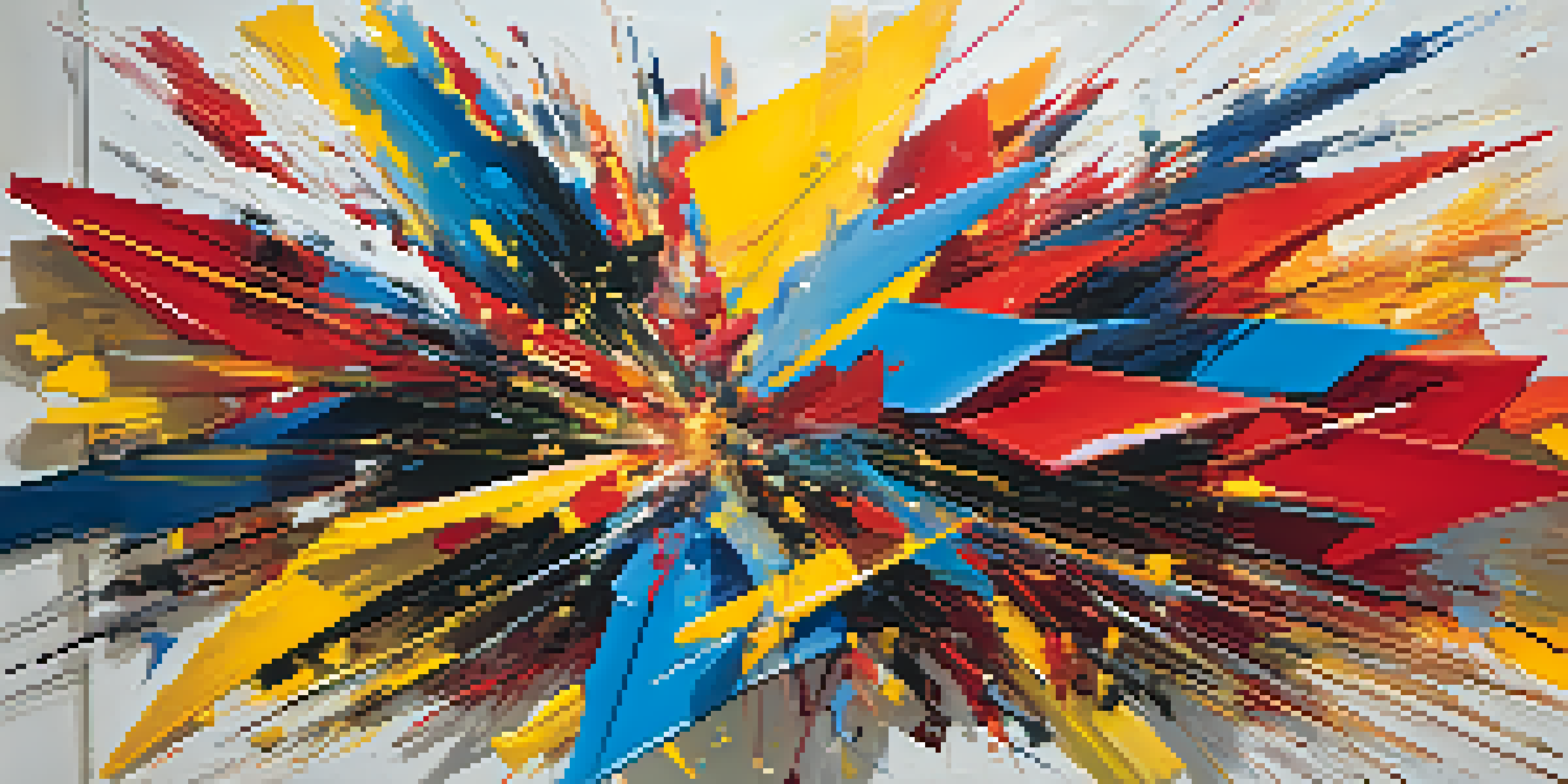 A vibrant abstract artwork with bold colors and jagged lines, evoking a sense of movement and energy.