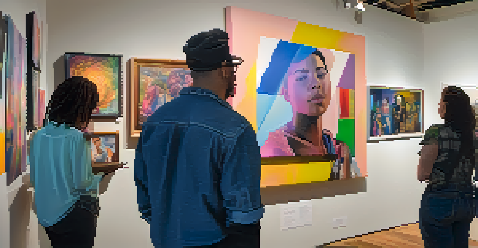 A community art exhibition featuring diverse artworks by transgender artists, with attendees discussing the pieces.