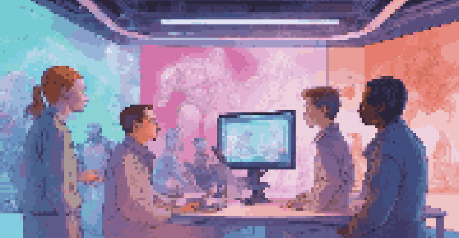 A futuristic scene of animators and AI tools interacting, with holographic displays of animated characters and a vibrant color palette.