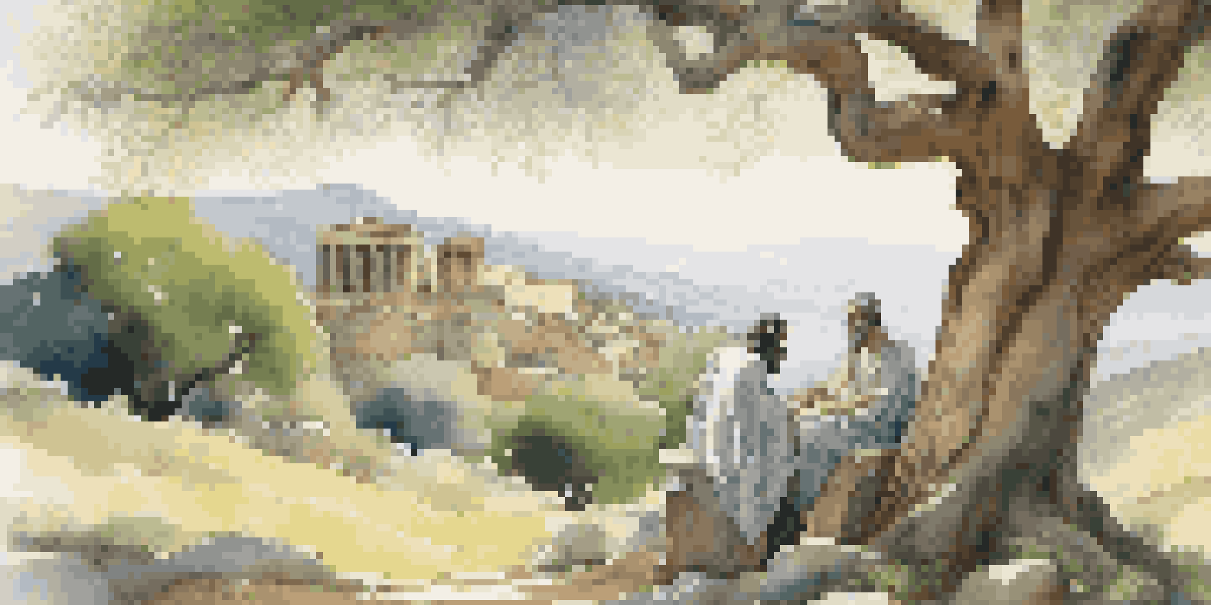 Ancient Greek philosophers Plato and Aristotle conversing under an olive tree in a sunny landscape.