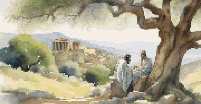 Ancient Greek philosophers Plato and Aristotle conversing under an olive tree in a sunny landscape.