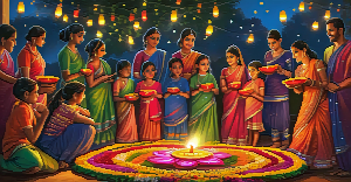 A festive Diwali celebration with families lighting oil lamps in a colorful setting under a starry night sky.