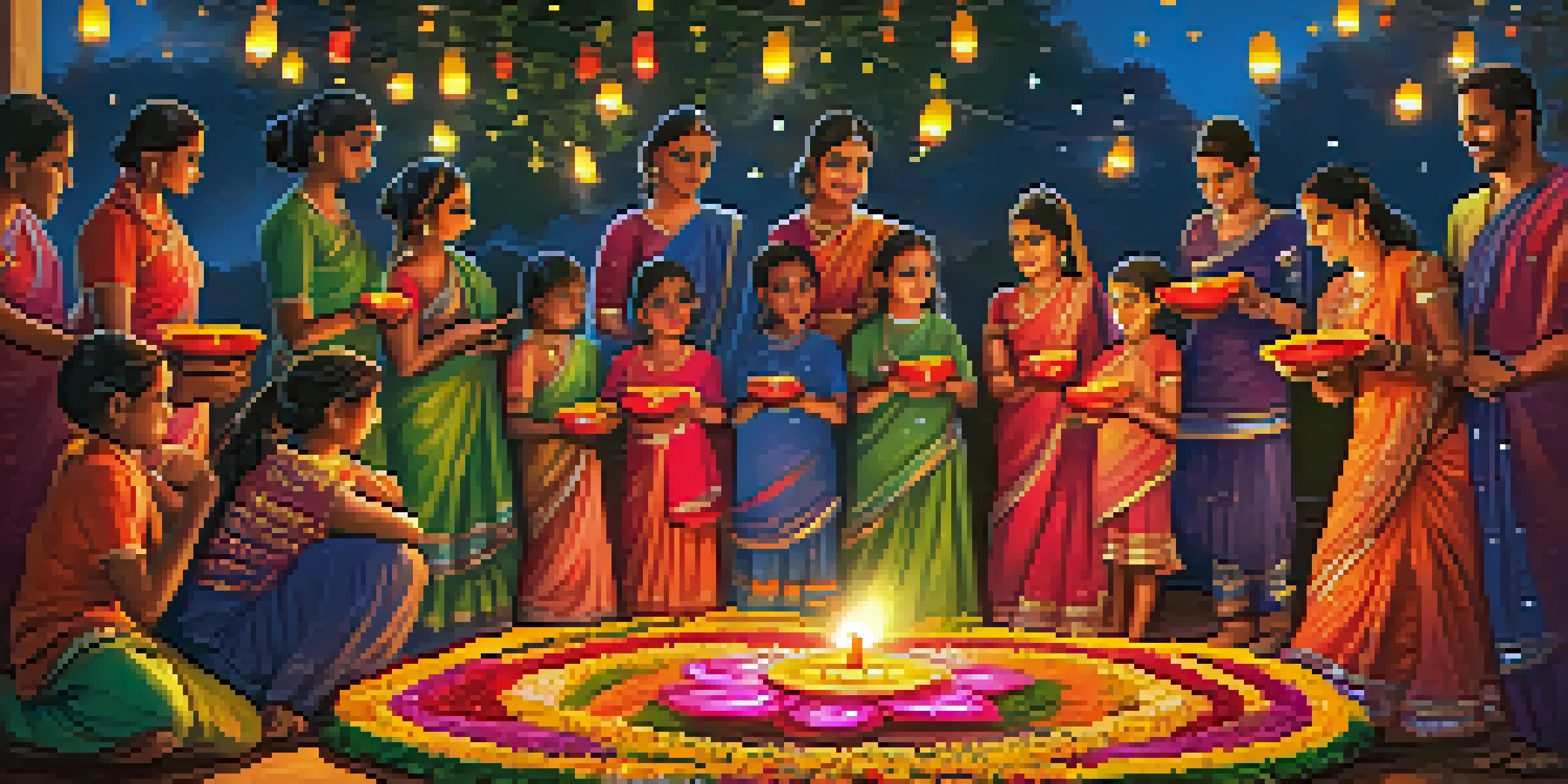 A festive Diwali celebration with families lighting oil lamps in a colorful setting under a starry night sky.