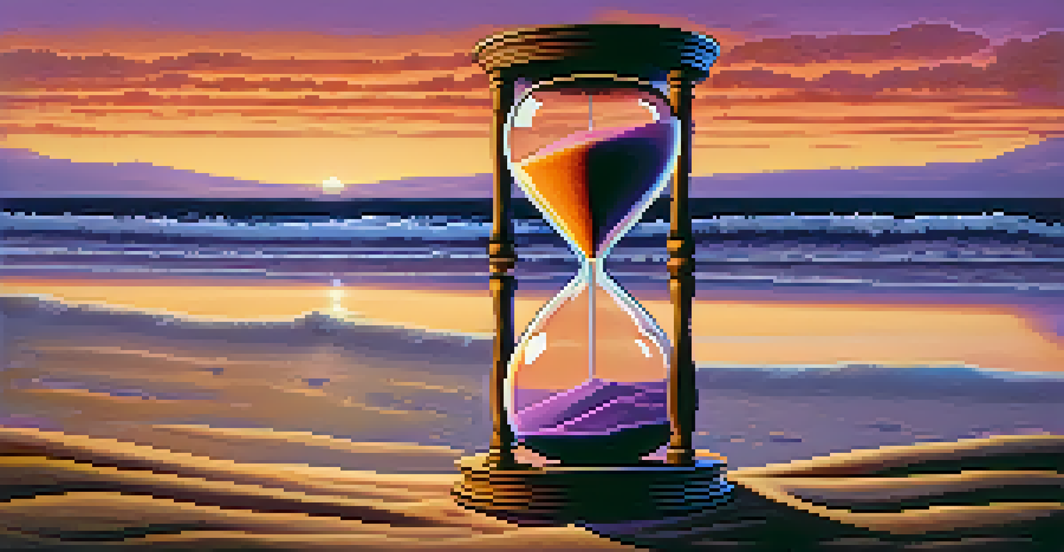 A dusk landscape with an hourglass partially buried in sand, surrounded by a calm body of water and a sky filled with oranges and purples.