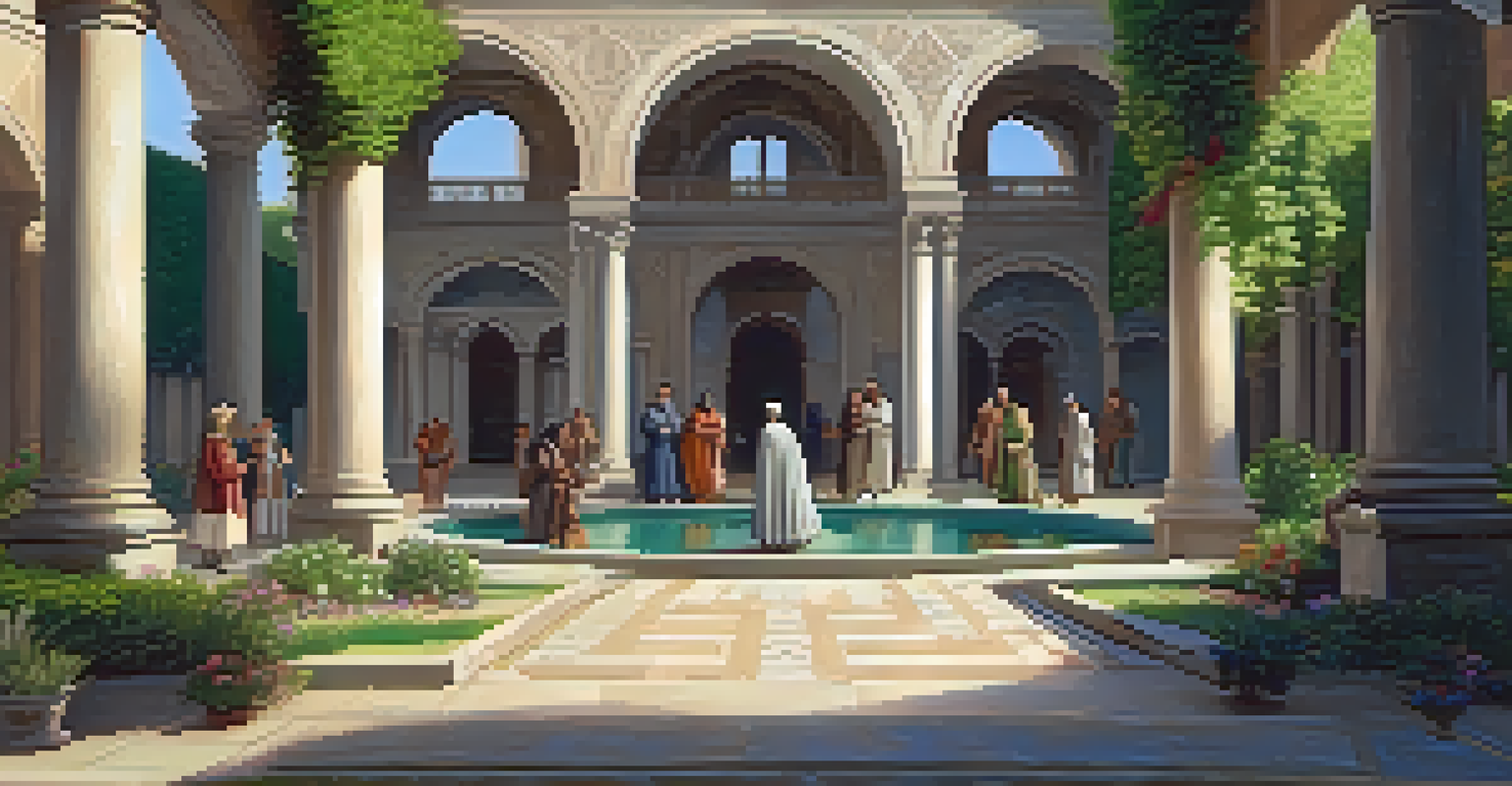 A peaceful Renaissance courtyard with scholars and artists conversing, surrounded by beautiful architecture and greenery.