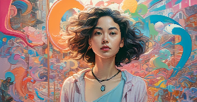 A character in a fluid pose surrounded by pastel colors, showcasing a mix of traditional and non-traditional gender traits in a whimsical environment.