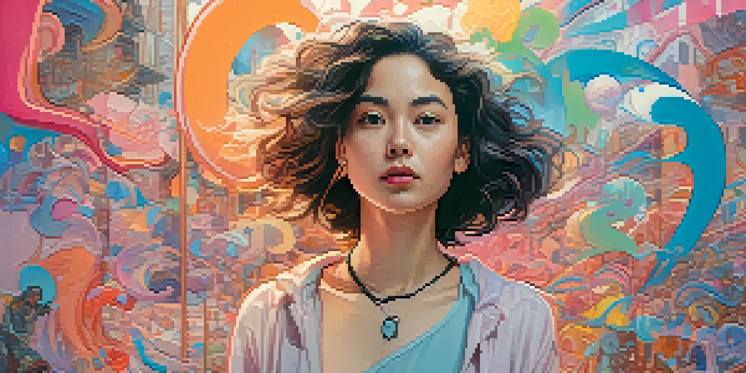 A character in a fluid pose surrounded by pastel colors, showcasing a mix of traditional and non-traditional gender traits in a whimsical environment.