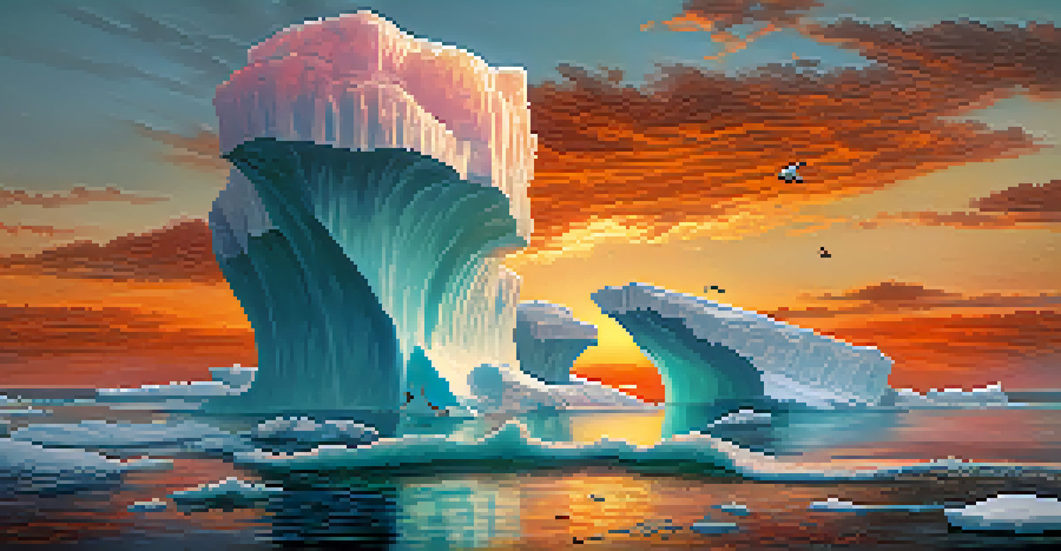 A digital artwork illustrating melting icebergs and wildlife amid a sunset, representing climate change and hope for the future.