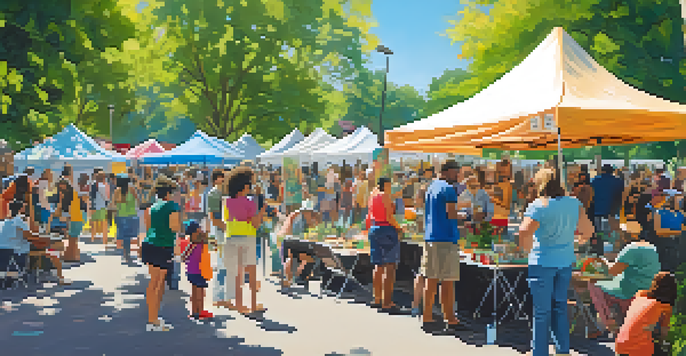 A lively community art event in a park with diverse participants engaging in various art activities like painting and sculpture, surrounded by greenery and colorful tents.
