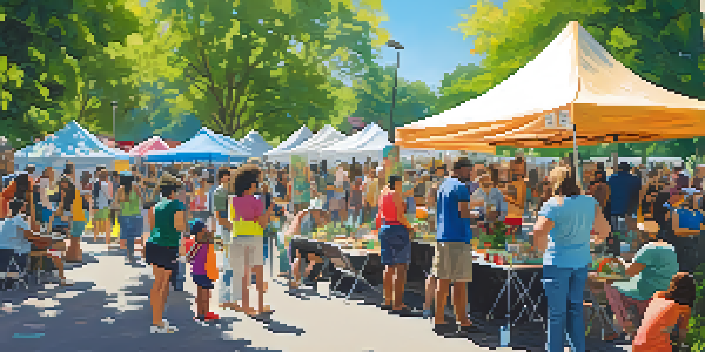 A lively community art event in a park with diverse participants engaging in various art activities like painting and sculpture, surrounded by greenery and colorful tents.