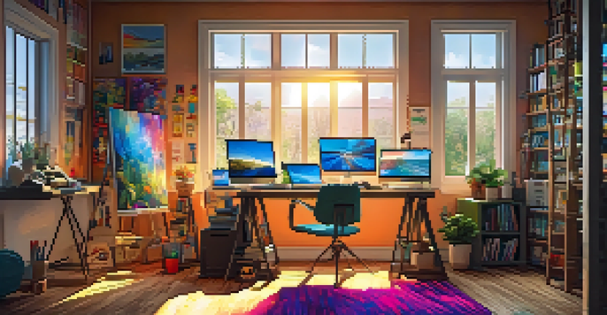 A bright digital art studio with colorful sketches and AI tools, sunlight streaming through a window.