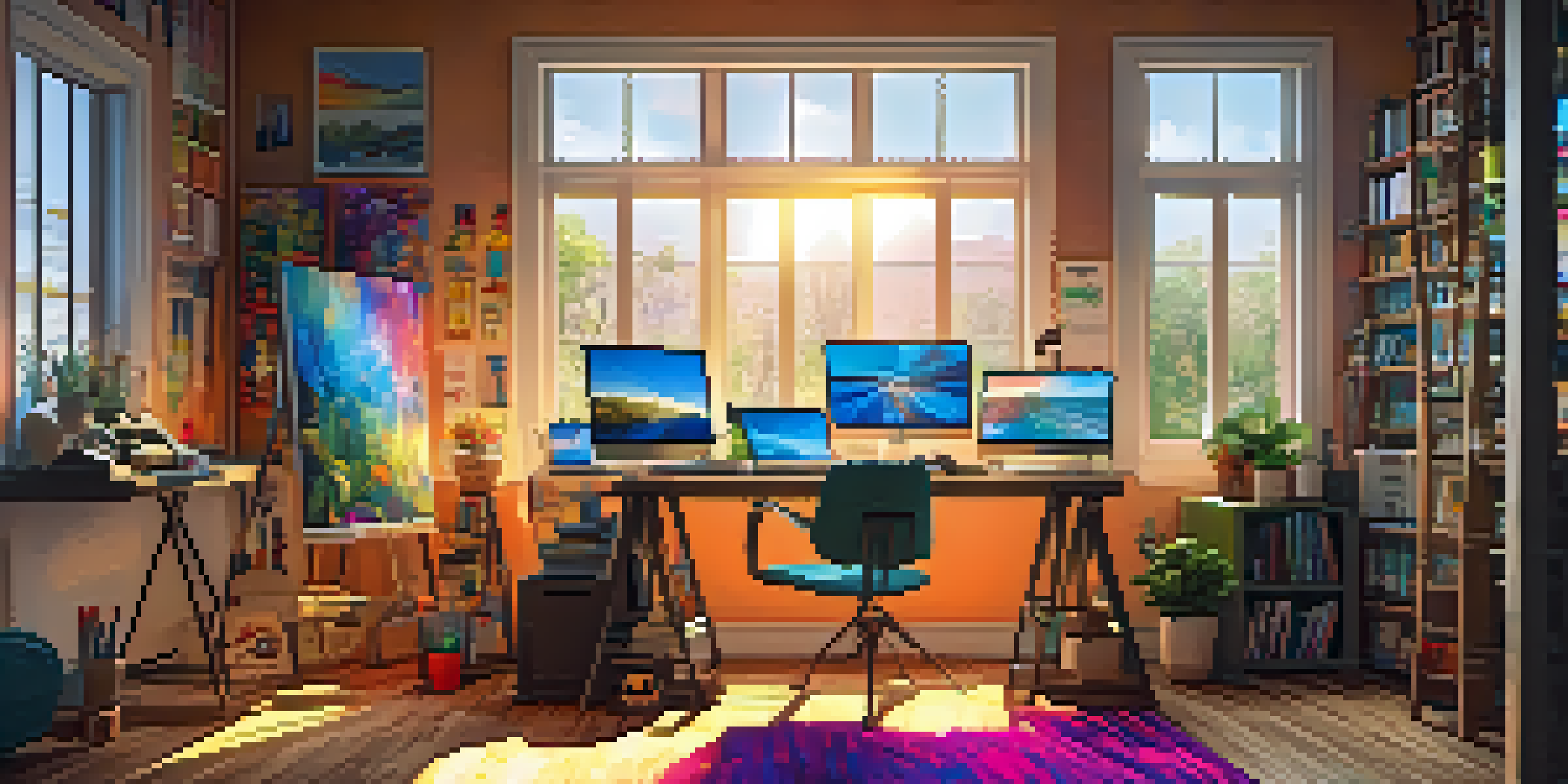 A bright digital art studio with colorful sketches and AI tools, sunlight streaming through a window.