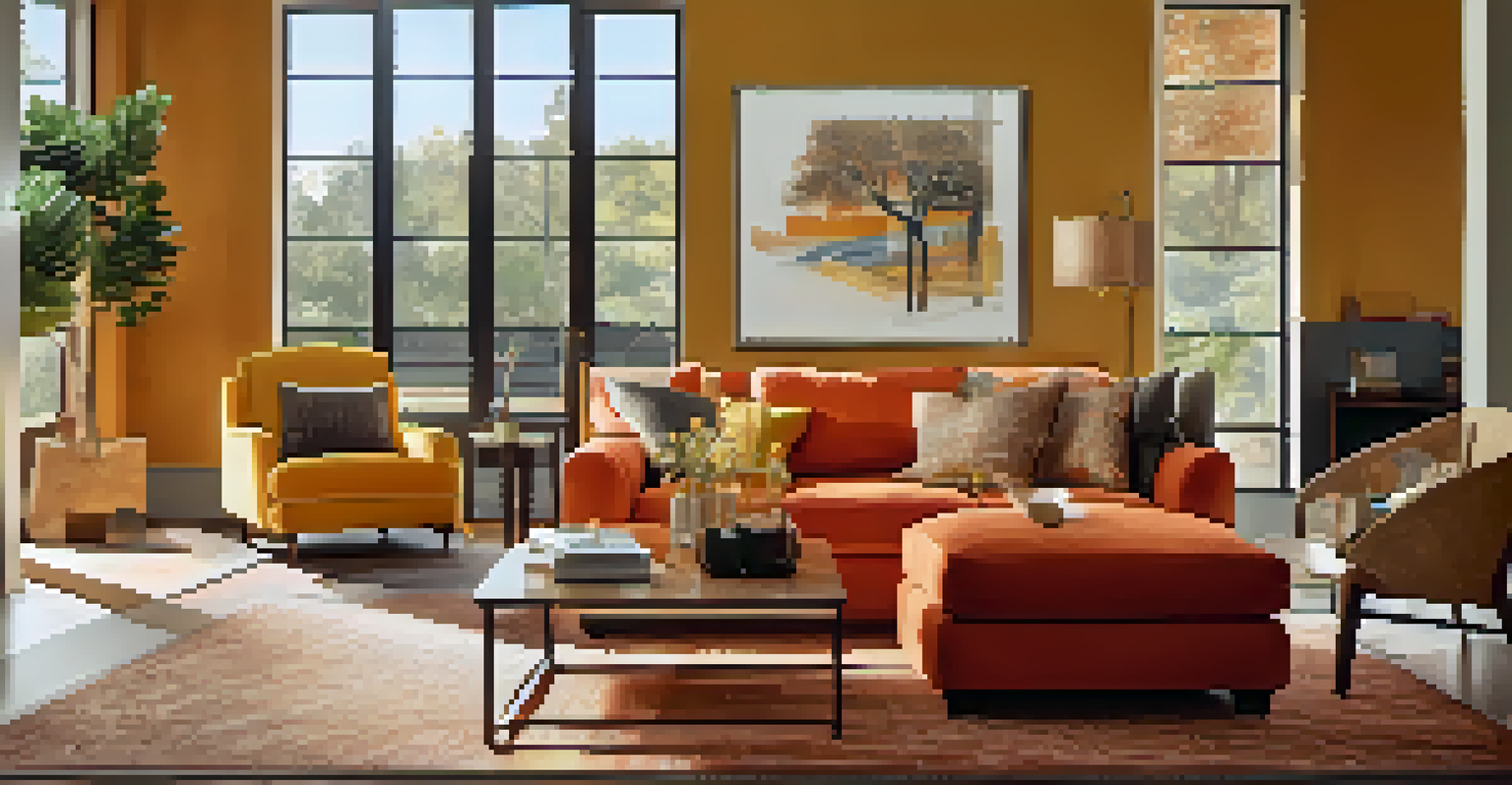 A stylish living room with an orange sofa, yellow cushions, wooden coffee table, and warm lighting, designed for comfort and socializing.